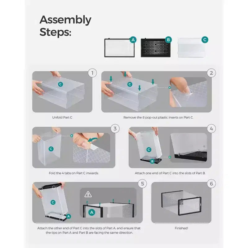 SONGMICS Boîtes à Chaussures - Lot de 18 Organiseurs Empilables et Pliables - Transparent et Noir - Convient jusqu'à la Taille 45 EU