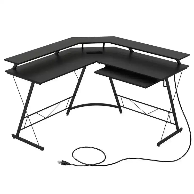 Costway Bureau d'angle en forme de L avec prise de courant 51" Poste de travail informatique Coin Marron rustique/Noir