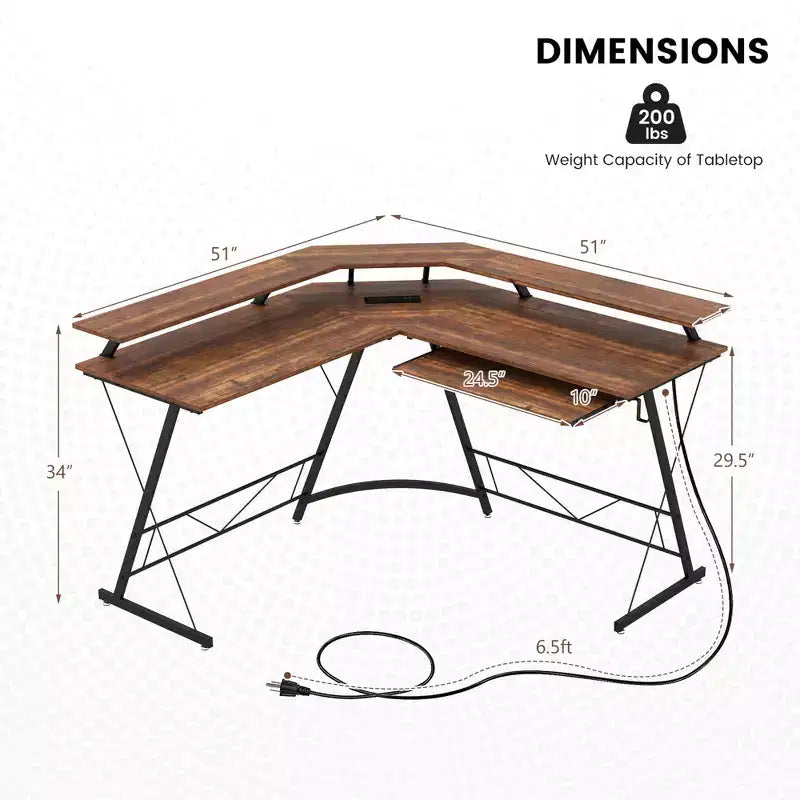 Costway Bureau d'angle en forme de L avec prise de courant 51" Poste de travail informatique Coin Marron rustique/Noir