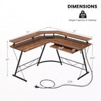 Costway Bureau d'angle en forme de L avec prise de courant 51" Poste de travail informatique Coin Marron rustique/Noir