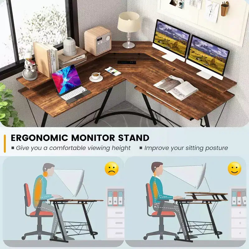 Costway Bureau d'angle en forme de L avec prise de courant 51" Poste de travail informatique Coin Marron rustique/Noir