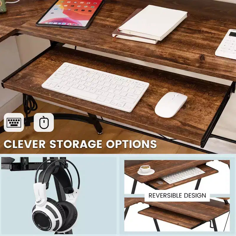 Costway Bureau d'angle en forme de L avec prise de courant 51" Poste de travail informatique Coin Marron rustique/Noir