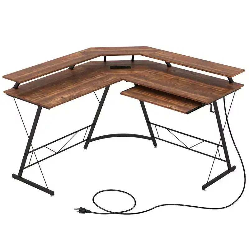 Costway Bureau d'angle en forme de L avec prise de courant 51" Poste de travail informatique Coin Marron rustique/Noir