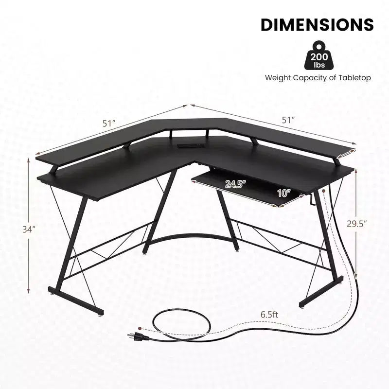 Costway Bureau d'angle en forme de L avec prise de courant 51" Poste de travail informatique Coin Marron rustique/Noir