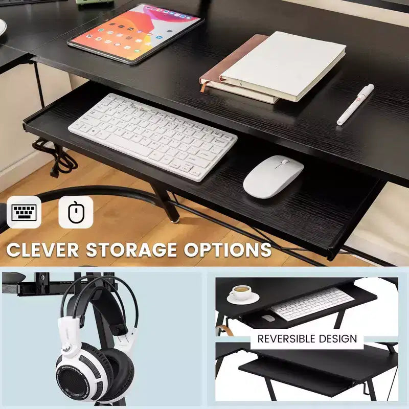 Costway Bureau d'angle en forme de L avec prise de courant 51" Poste de travail informatique Coin Marron rustique/Noir
