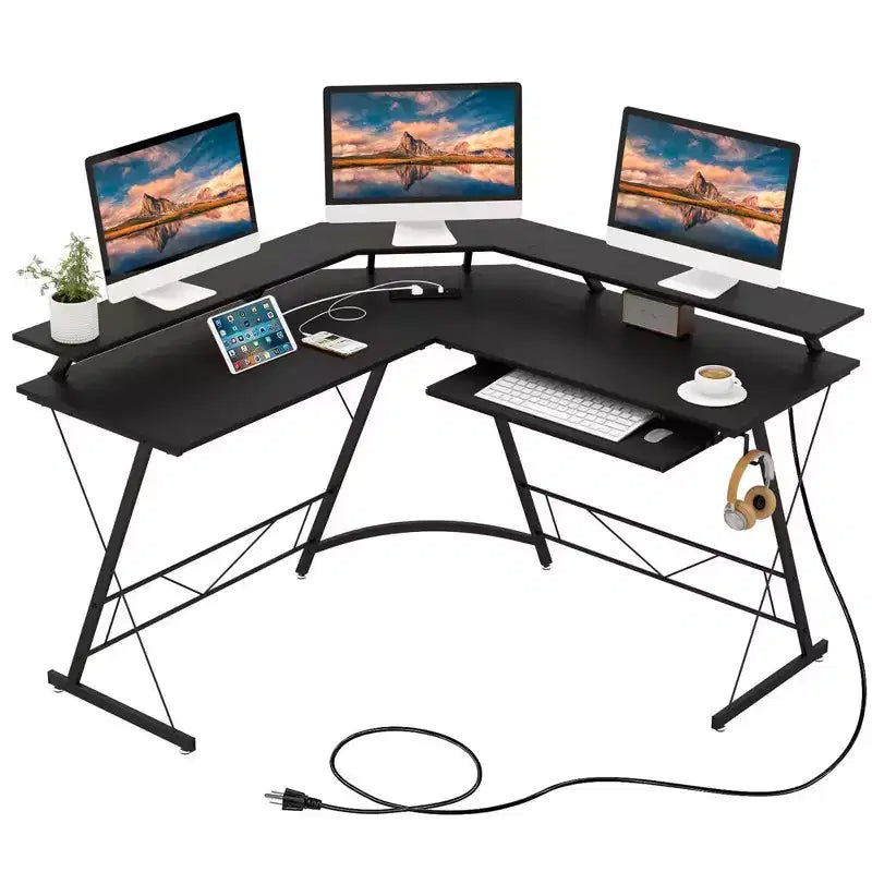 Costway L-shaped Computer Desk with Power Outlet 51 Corner Computer Workstation Rustic Brown/Black