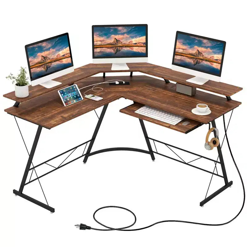 Costway Bureau d'angle en forme de L avec prise de courant 51" Poste de travail informatique Coin Marron rustique/Noir