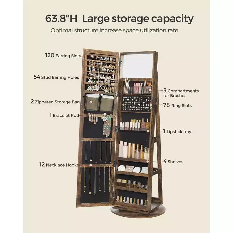 Miroir Armoire à Bijoux Organisateur 360 Rotation Boîte de Rangement