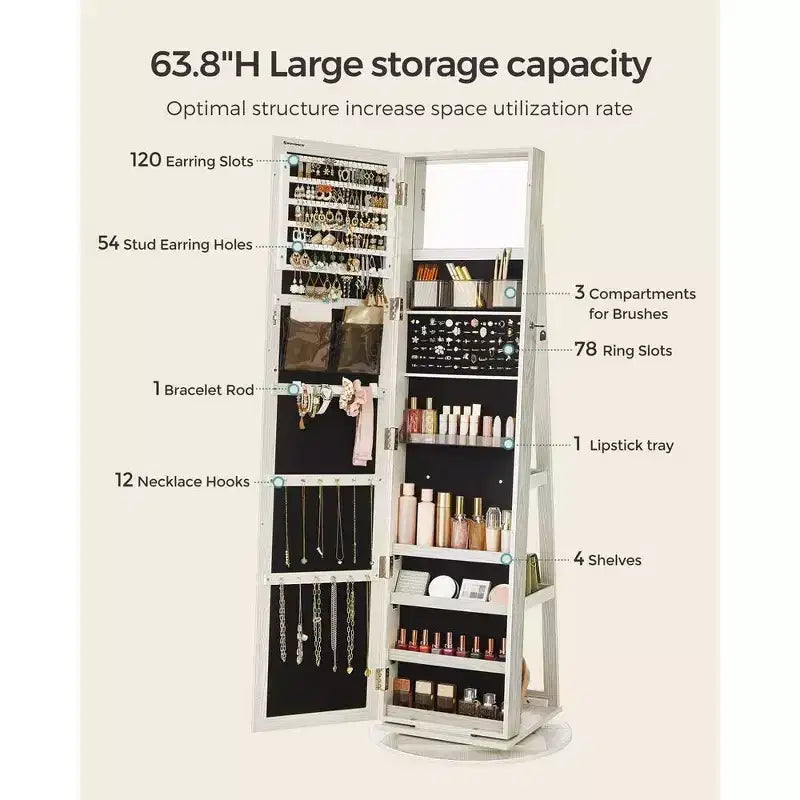 Miroir Armoire à Bijoux Organisateur 360 Rotation Boîte de Rangement