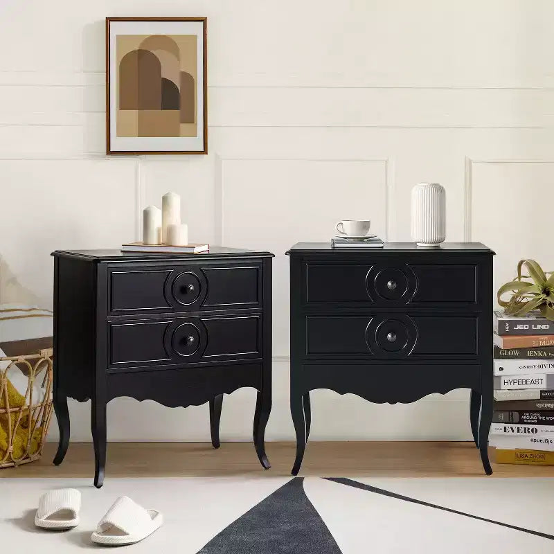 Teresa 3 - Table d'appoint classique à tiroirs avec prises intégrées, lot de 2 | HULALA HOME - NOIR