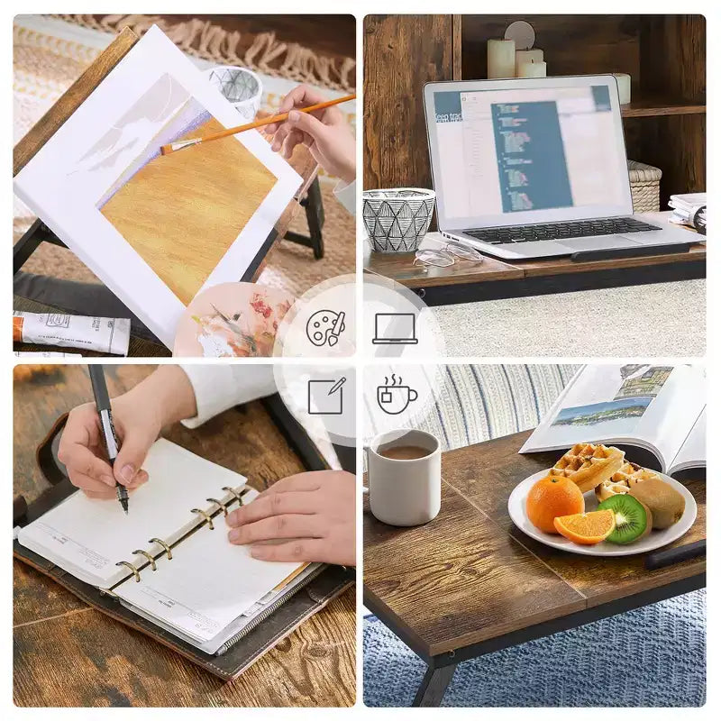SONGMICS Bureau pour ordinateur portable, Plateau inclinable et ajustable, pour gaucher et droitier, Pieds pliables et ajustables, Tiroir, Marron foncé rustique