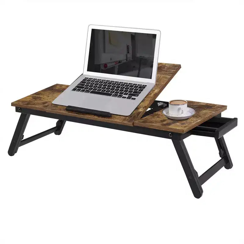 SONGMICS Bureau pour ordinateur portable, Plateau inclinable et ajustable, pour gaucher et droitier, Pieds pliables et ajustables, Tiroir, Marron foncé rustique