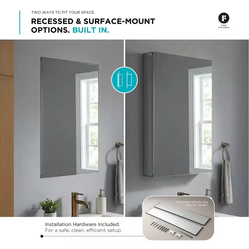 Armoire à pharmacie de salle de bain Fine Fixtures - Porte simple, encastrée/en saillie - Charnière droite/gauche - Intérieur miroir
