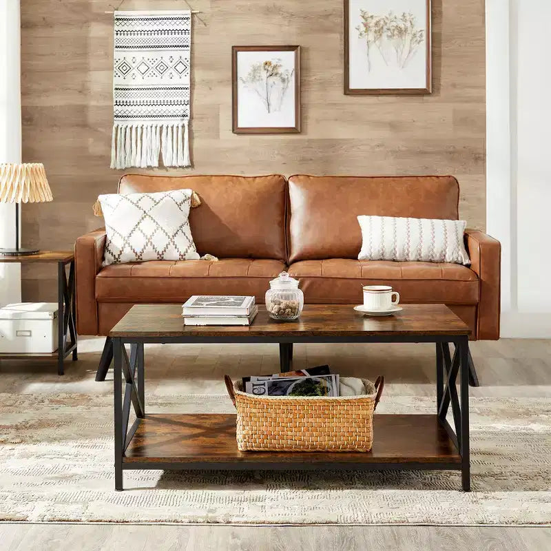 VASAGLE Table Basse de Salon avec Étagère de Rangement et Cadre en Acier en X, Marron Rustique et Noir