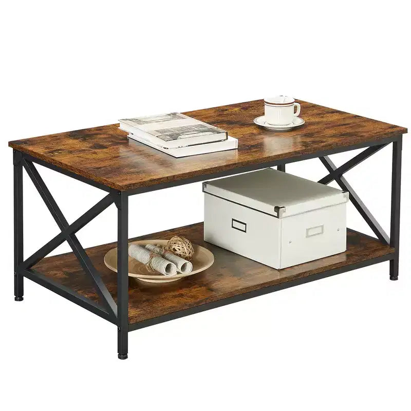 VASAGLE Table Basse de Salon avec Étagère de Rangement et Cadre en Acier en X, Marron Rustique et Noir