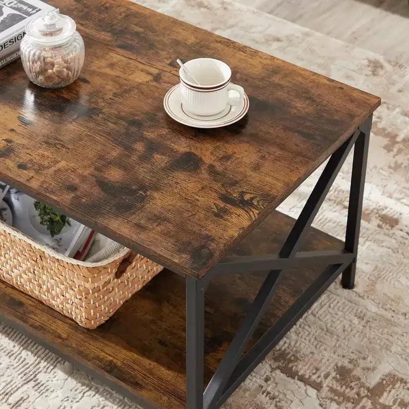 VASAGLE Table Basse de Salon avec Étagère de Rangement et Cadre en Acier en X, Marron Rustique et Noir