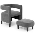 Costway Comfy Accent Armchair with Footrest Upholstered Velvet Barrel Chair & Ottoman Set Dark Grey/Beige