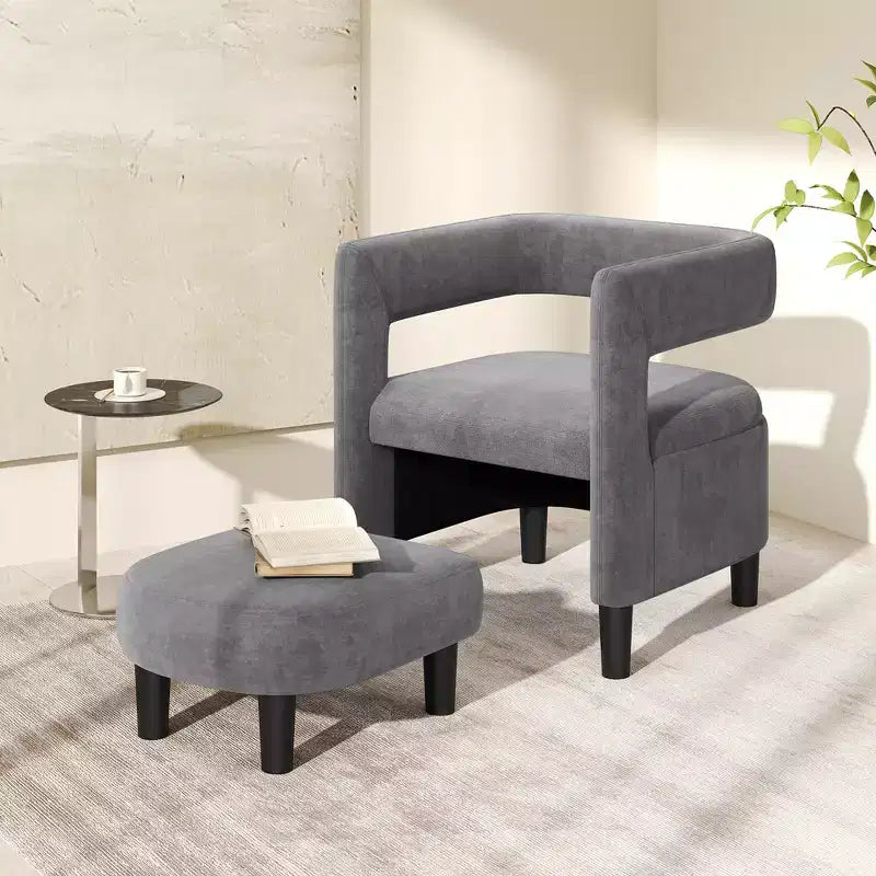Costway Fauteuil d'appoint confortable avec repose-pieds Fauteuil baquet en velours rembourré et pouf Gris foncé/Beige