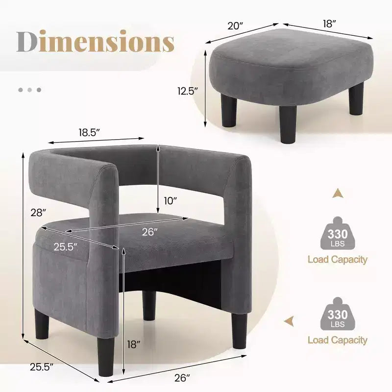 Costway Fauteuil d'appoint confortable avec repose-pieds Fauteuil baquet en velours rembourré et pouf Gris foncé/Beige