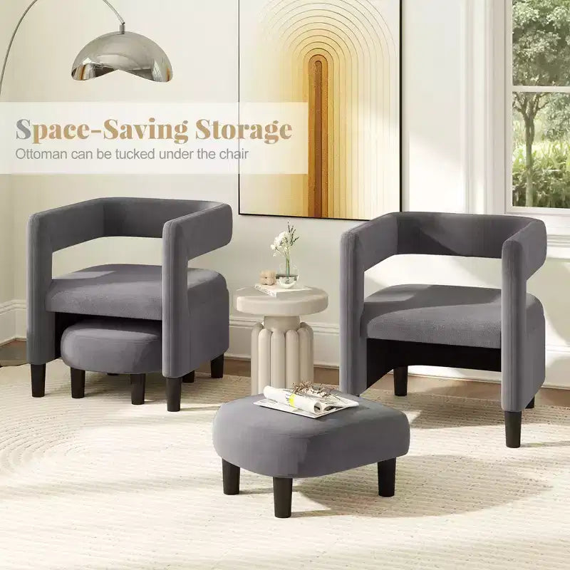 Costway Fauteuil d'appoint confortable avec repose-pieds Fauteuil baquet en velours rembourré et pouf Gris foncé/Beige