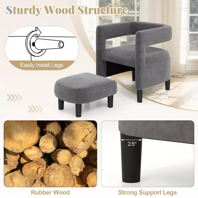 Costway Fauteuil d'appoint confortable avec repose-pieds Fauteuil baquet en velours rembourré et pouf Gris foncé/Beige