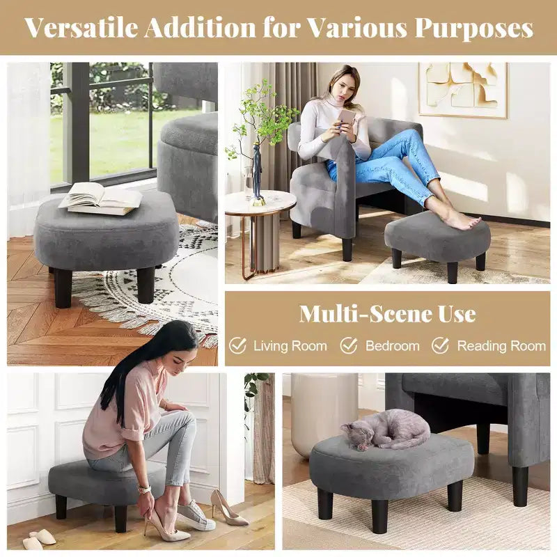 Costway Fauteuil d'appoint confortable avec repose-pieds Fauteuil baquet en velours rembourré et pouf Gris foncé/Beige
