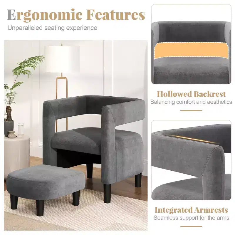 Costway Fauteuil d'appoint confortable avec repose-pieds Fauteuil baquet en velours rembourré et pouf Gris foncé/Beige