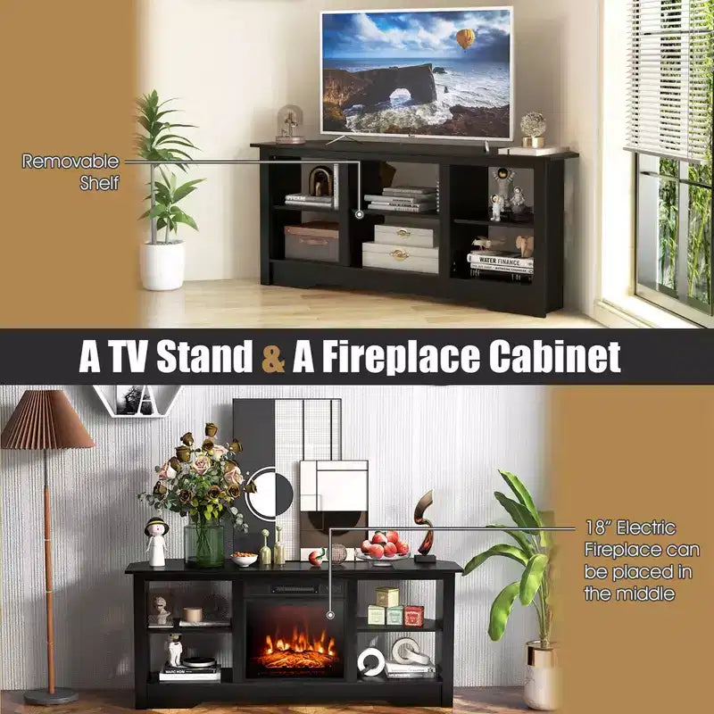 Meuble TV Costway 58 po avec 6 étagères ouvertes pour foyer de 18 po (non inclus) Noir/Gris