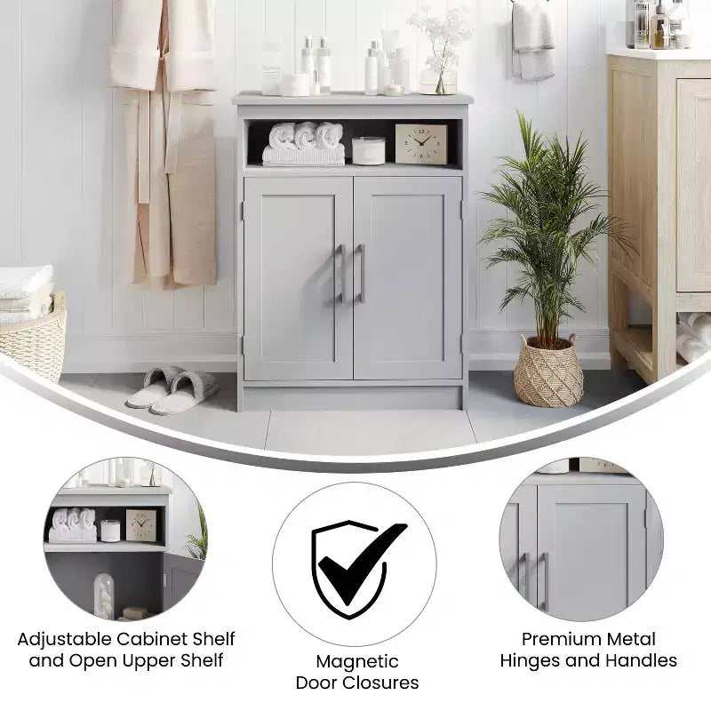 Meuble de rangement pour salle de bain Emma et Oliver avec étagère intérieure réglable, portes à fermeture magnétique et étagère supérieure ouverte