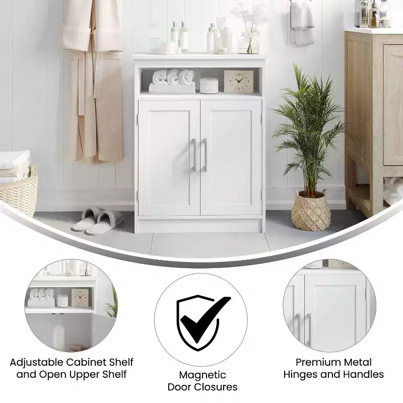 Meuble de rangement pour salle de bain Emma et Oliver avec étagère intérieure réglable, portes à fermeture magnétique et étagère supérieure ouverte