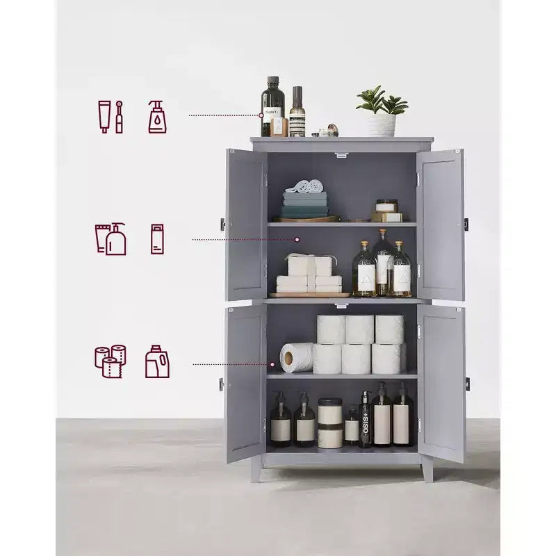 Meuble de rangement de salle de bain avec 4 portes et étagères réglables, unité de rangement autoportante, 30 x 60 x 110 cm