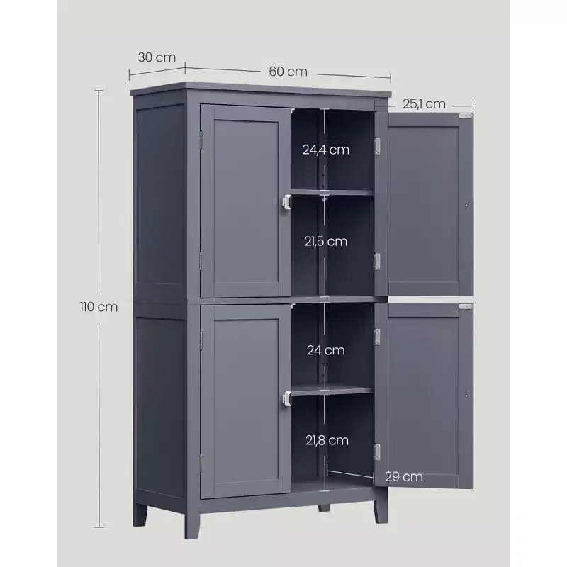 Meuble de rangement de salle de bain avec 4 portes et étagères réglables, unité de rangement autoportante, 30 x 60 x 110 cm