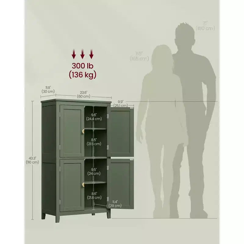 Meuble de rangement de salle de bain avec 4 portes et étagères réglables, unité de rangement autoportante, 30 x 60 x 110 cm