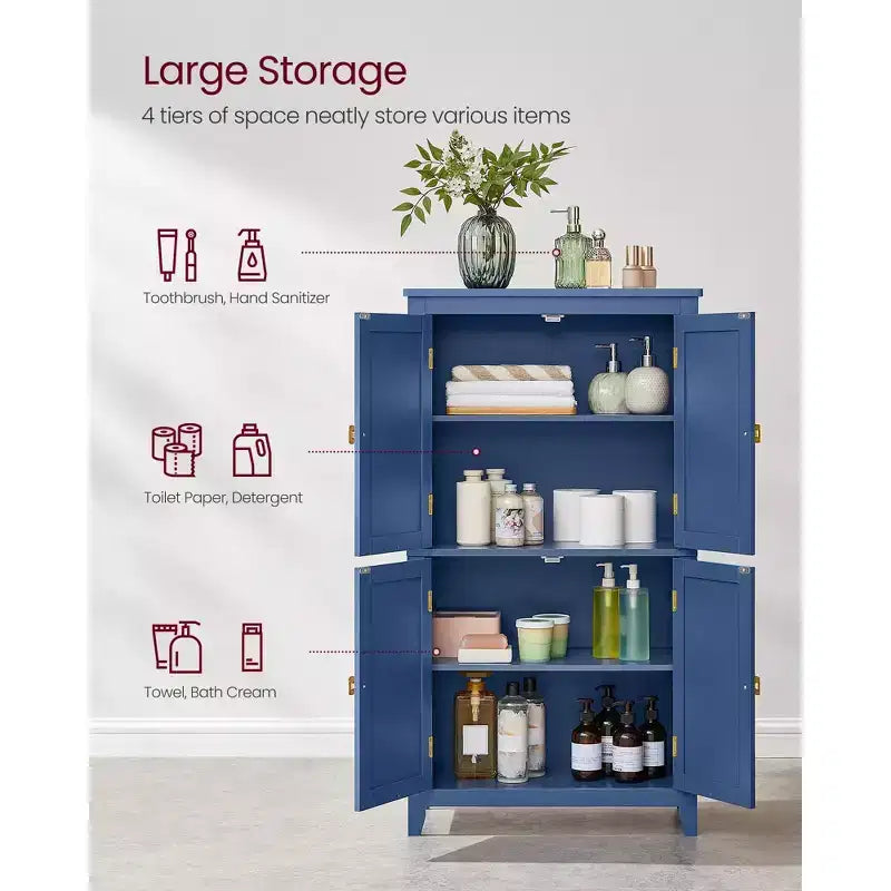 Meuble de rangement de salle de bain avec 4 portes et étagères réglables, unité de rangement autoportante, 30 x 60 x 110 cm