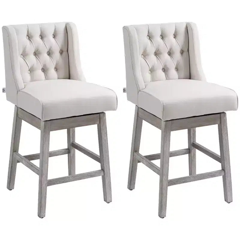 HOMCOM Counter Height Bar Stools Set of 2, 180 Degree Swivel Kitchen Island Stool, 27 Seat Height with Wood Footrests and Button Tufted Design