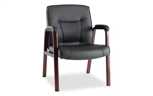 Alera Alera Madaris Series Bonded Leather Guest Chair with Wood Trim Legs, 25.39 x 25.98 x 35.62, Black Seat/Back, Mahogany Base