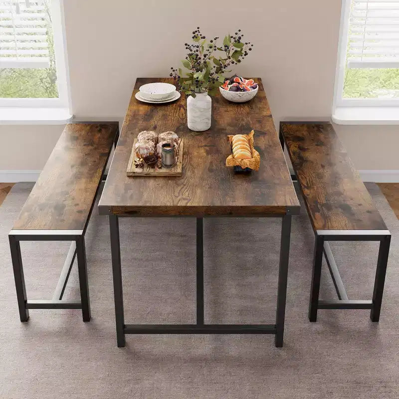 Ensemble table à manger Garvee pour 4 personnes, table de cuisine avec 2 bancs, ensemble table à manger 3 pièces pour petit espace, appartement, studio, marron rustique