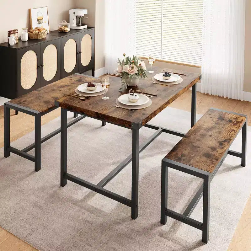 Ensemble table à manger Garvee pour 4 personnes, table de cuisine avec 2 bancs, ensemble table à manger 3 pièces pour petit espace, appartement, studio, marron rustique