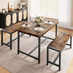 Ensemble table à manger Garvee pour 4 personnes, table de cuisine avec 2 bancs, ensemble table à manger 3 pièces pour petit espace, appartement, studio, marron rustique