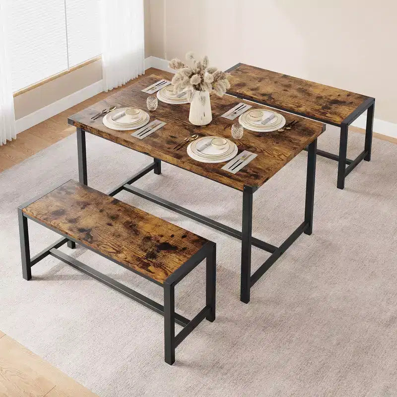 Ensemble table à manger Garvee pour 4 personnes, table de cuisine avec 2 bancs, ensemble table à manger 3 pièces pour petit espace, appartement, studio, marron rustique