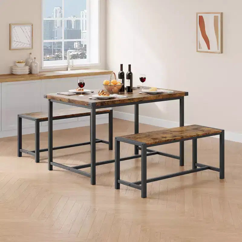 Ensemble table à manger Garvee pour 4 personnes, table de cuisine avec 2 bancs, ensemble table à manger 3 pièces pour petit espace, appartement, studio, marron rustique