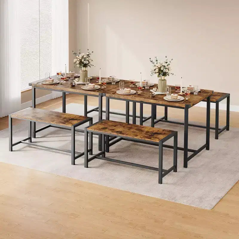 Ensemble table à manger Garvee pour 4 personnes, table de cuisine avec 2 bancs, ensemble table à manger 3 pièces pour petit espace, appartement, studio, marron rustique