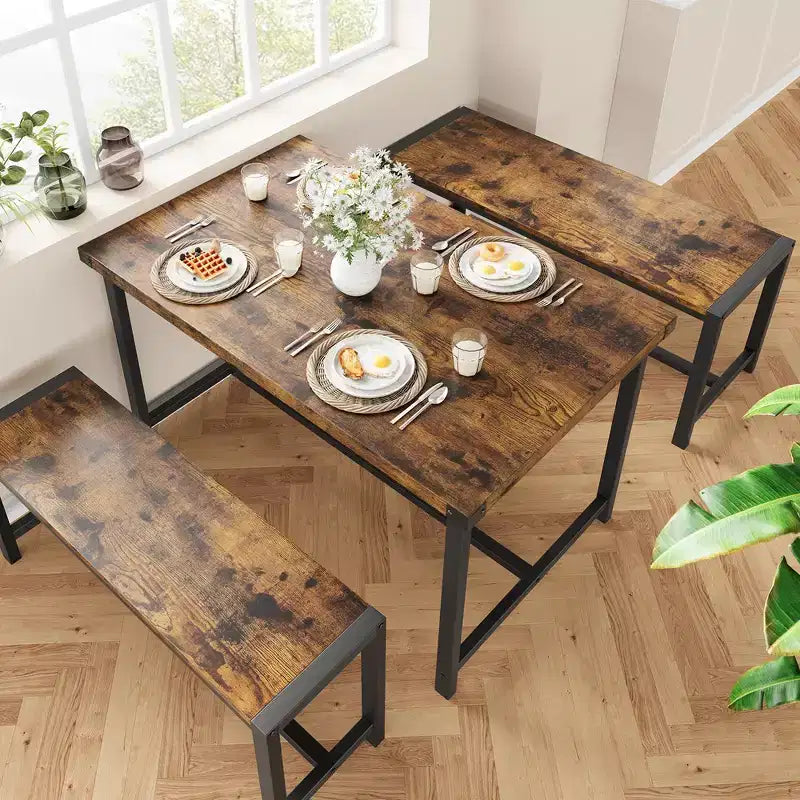Ensemble table à manger Garvee pour 4 personnes, table de cuisine avec 2 bancs, ensemble table à manger 3 pièces pour petit espace, appartement, studio, marron rustique