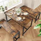Ensemble table à manger Garvee pour 4 personnes, table de cuisine avec 2 bancs, ensemble table à manger 3 pièces pour petit espace, appartement, studio, marron rustique