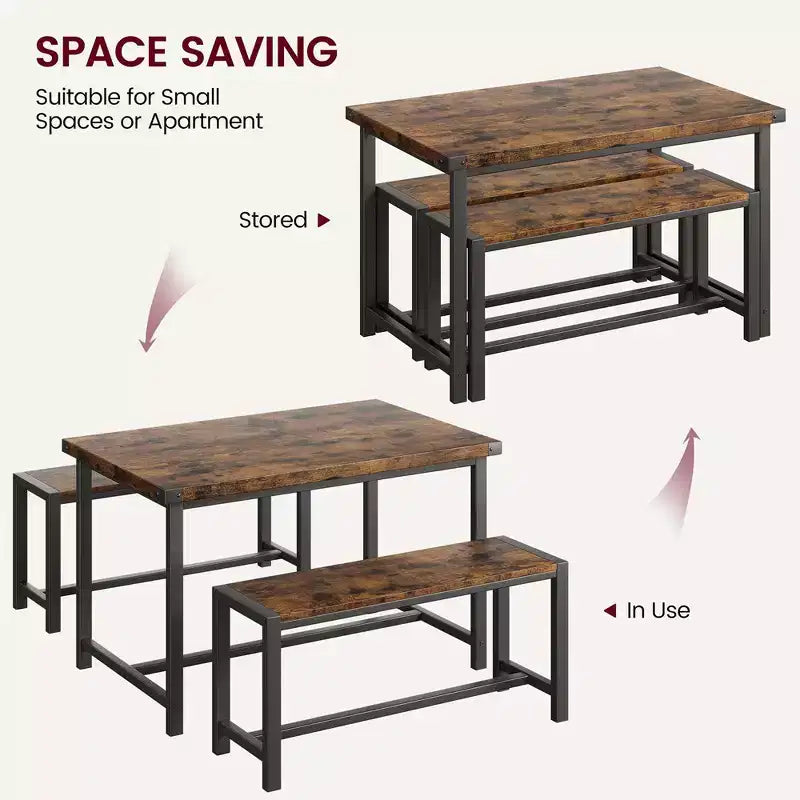 Ensemble table à manger Garvee pour 4 personnes, table de cuisine avec 2 bancs, ensemble table à manger 3 pièces pour petit espace, appartement, studio, marron rustique