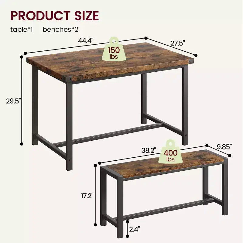 Ensemble table à manger Garvee pour 4 personnes, table de cuisine avec 2 bancs, ensemble table à manger 3 pièces pour petit espace, appartement, studio, marron rustique