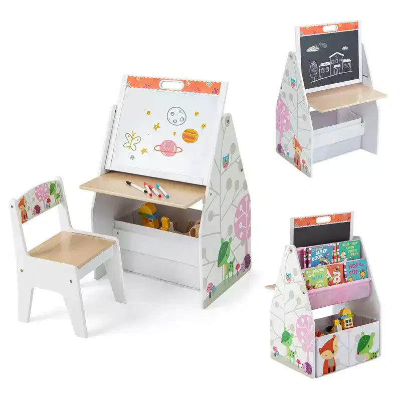 Costway Ensemble Table et Chaises pour Enfants avec Tableau Double Face Magnétique Rotatif (Ardoise et Tableau Blanc) Gris/Blanc
