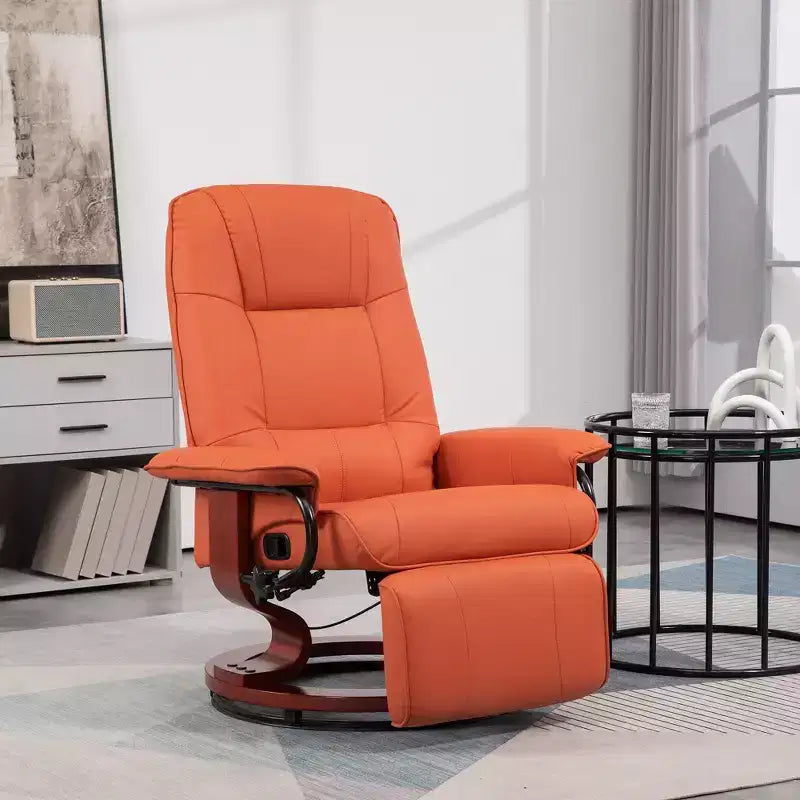 HOMCOM Fauteuil relax manuel en similicuir, inclinable, pivotant, avec repose-pieds, accoudoirs et base en bois enveloppante pour salon, Orange