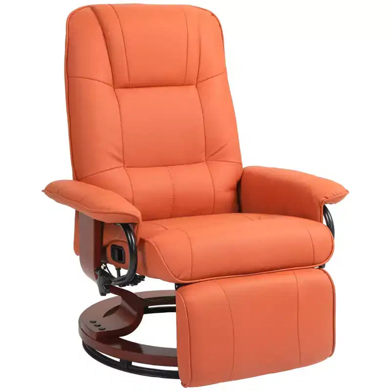 HOMCOM Fauteuil relax manuel en similicuir, inclinable, pivotant, avec repose-pieds, accoudoirs et base en bois enveloppante pour salon, Orange