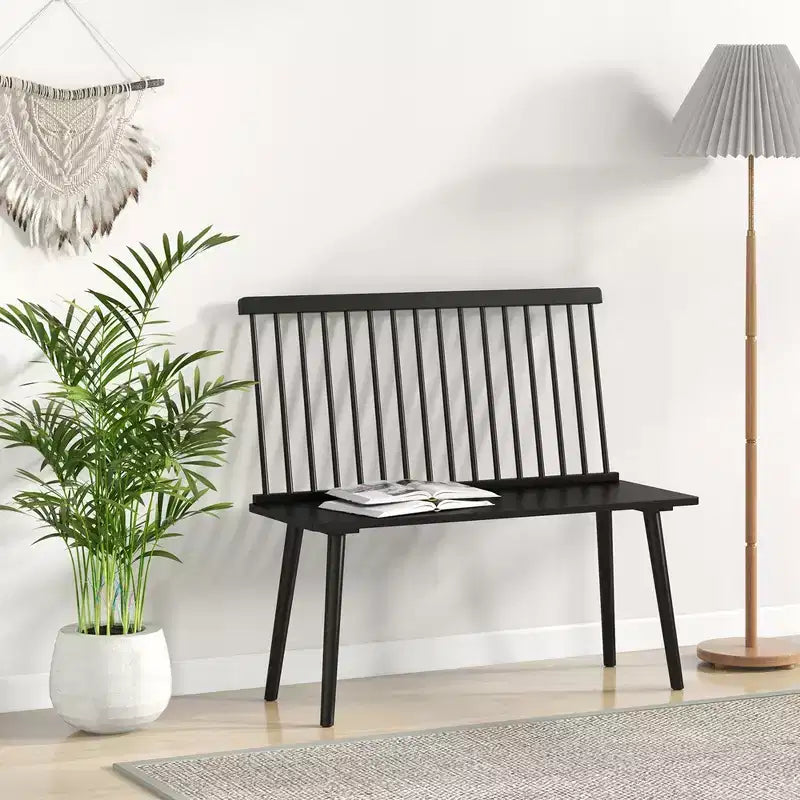Banc d'entrée Costway pour 2, banc de salle à manger Windsor en bois d'hévéa avec dossier à barreaux, noir/naturel
